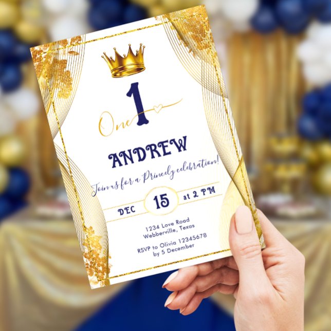 Guld Krona Royal Blue Prince Boy 1st Birthday Inbjudningar (Skapare uppladdad)