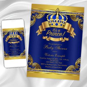 Guld Krona Royal Blue Prince Boy Baby Shower Inbjudningar