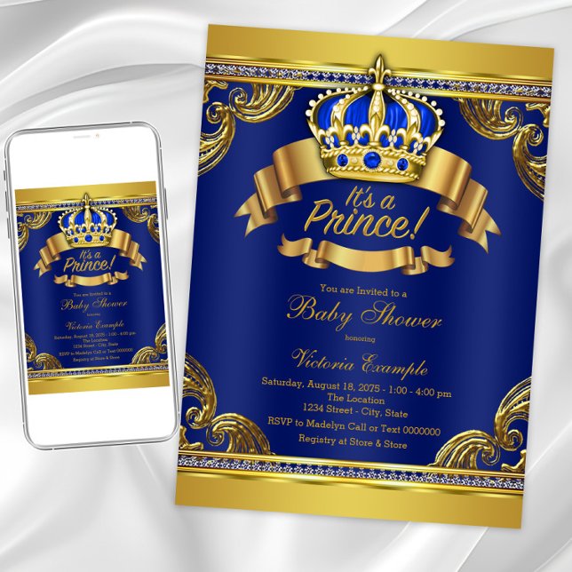 Guld Krona Royal Blue Prince Boy Baby Shower Inbjudningar (Royal blue gold prince baby shower invitation. Instant download and printed invitations available.)