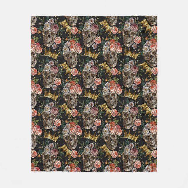 Guld Krona Skull Röd ros Mörk  Gothic Halloween Fleecefilt (Framsidan)
