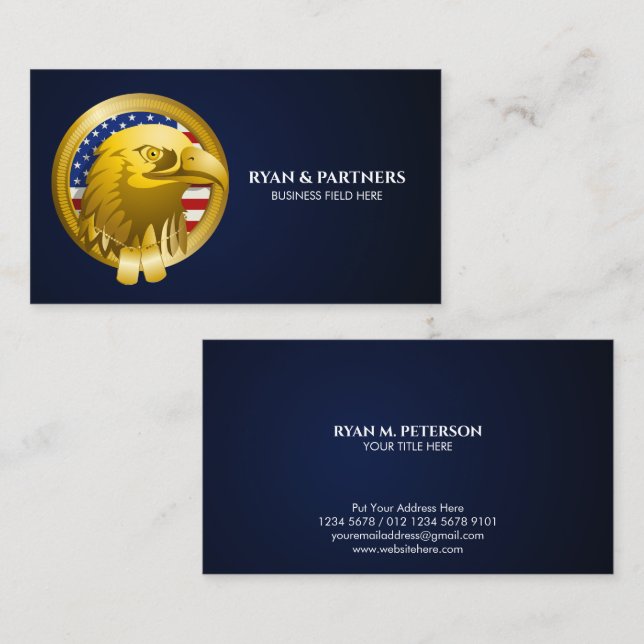Guld Kronad Örn Emblem USA Flagga | Mörkblå Visitkort (Fram/baksida)