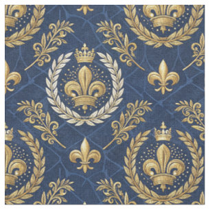 Guld Kronan Blå Velvet Royal Damask Design Mönster Tyg