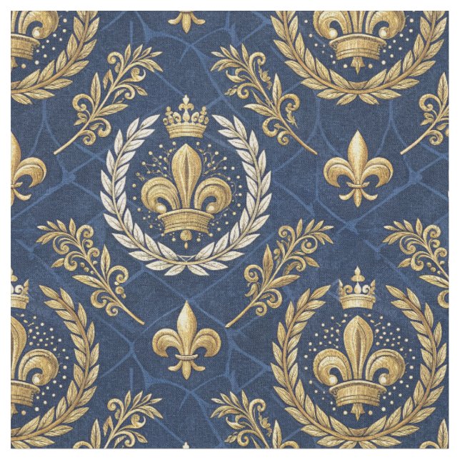 Guld Kronan Blå Velvet Royal Damask Design Mönster Tyg (Närbild)