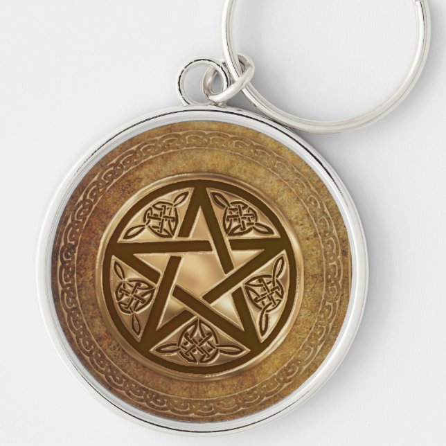 Guld- & läderPentacle Rund Silverfärgad Nyckelring (Framsidan)