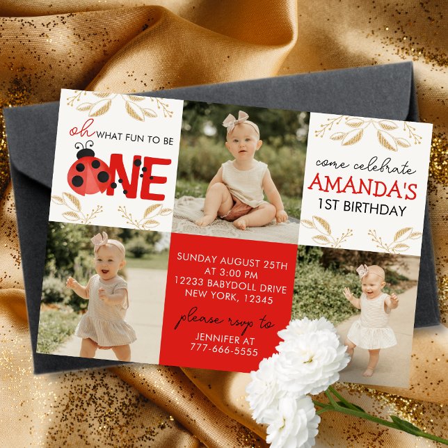 Guld Ladybug 3-inbjudan till foto på födelsedagar Inbjudningar (Gold Glitter Oh What Fun to Be One Watercolor Ladybug 3 Photo Birthday Invitations)