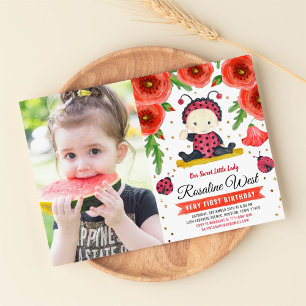 Guld Ladybug Watercolor First Birthday Photo Inbjudningar