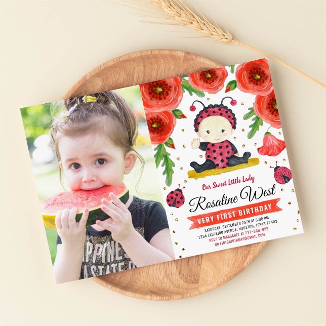 Guld Ladybug Watercolor First Birthday Photo Inbjudningar (Skapare uppladdad)