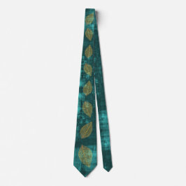 Guld Lämnar på Teal Blue Satin look Slips