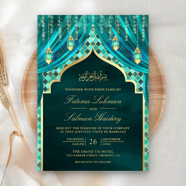 Guld Lanternes Teal Curtain Muslim Bröllop Inbjudningar (Skapare uppladdad)