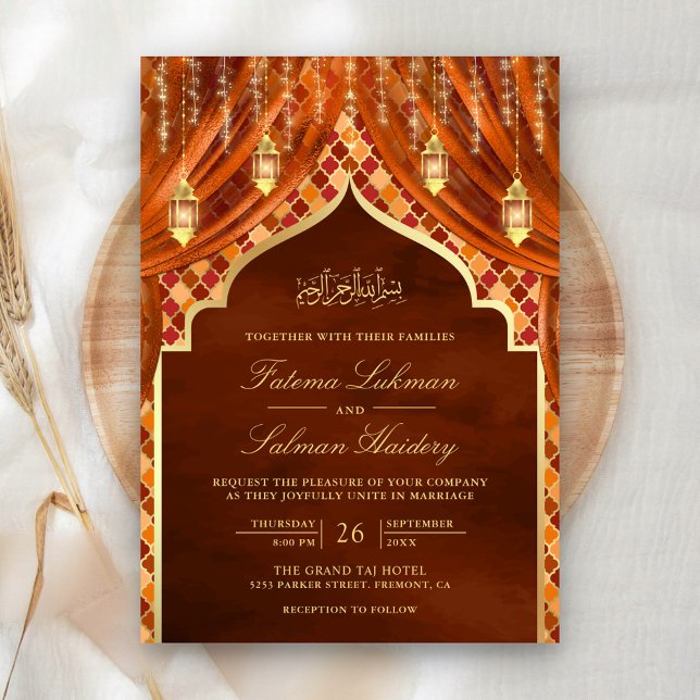 Guld Lanternor Brinner Orange Curtain Muslim Bröll Inbjudningar (Skapare uppladdad)