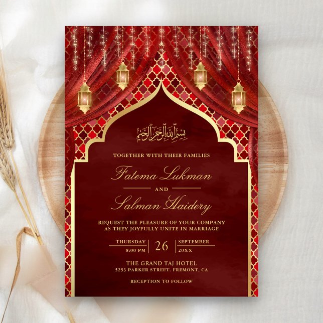 Guld Lanterns Maroon Red Curtain Muslim Bröllop Inbjudningar (Skapare uppladdad)