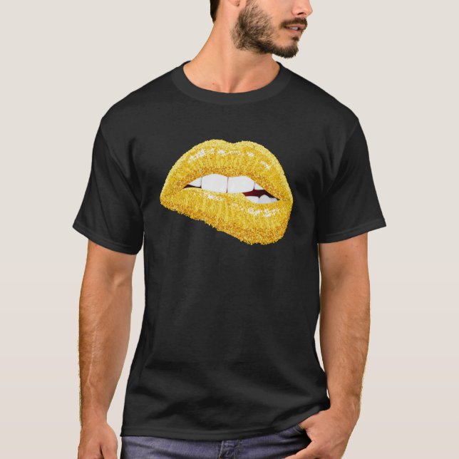 Guld Läppar Biting Lipstick Makeup Pullover Hoodie T Shirt (Framsida)