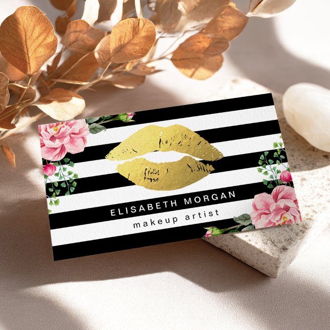 Guld Läppar Blommigt Black White Rand Makeup Artis Visitkort (Skapare uppladdad)