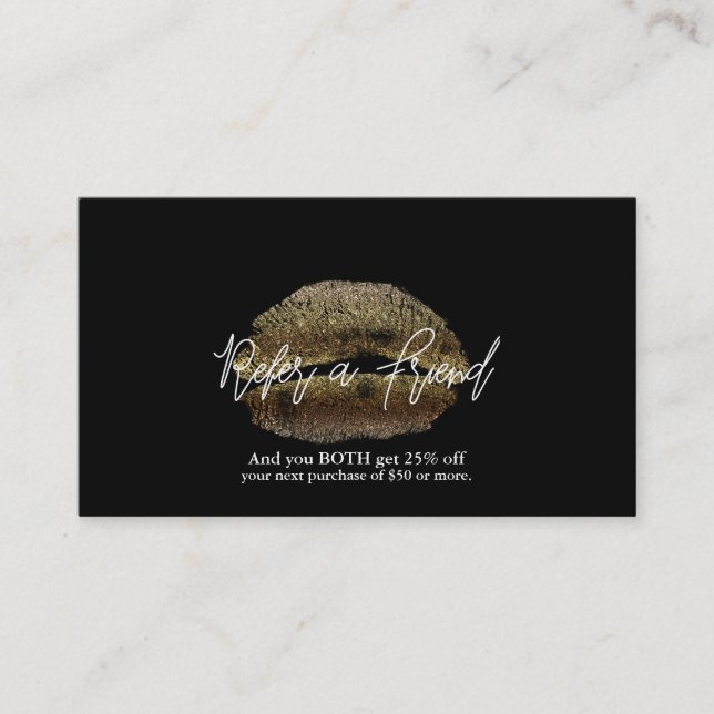 Guld Läppar Kiss Makeup Beauty Glam Refar en vän Rabattkort (Framsida)