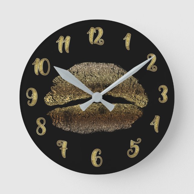 Guld Läppar Lipstick Kiss Glamor Glam Chic Rund Klocka (Framsida)