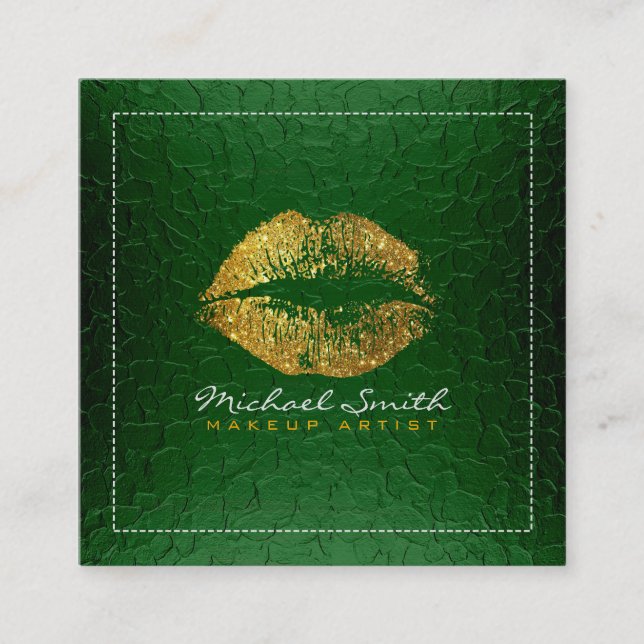 Guld Läppar Makeup Artist Modern Grönt Metall Fyrkantigt Visitkort (Framsida)