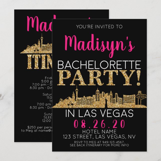 Guld Las Vegas Bachelorette Party Itinerary och Inbjudningar (Fram/baksida)