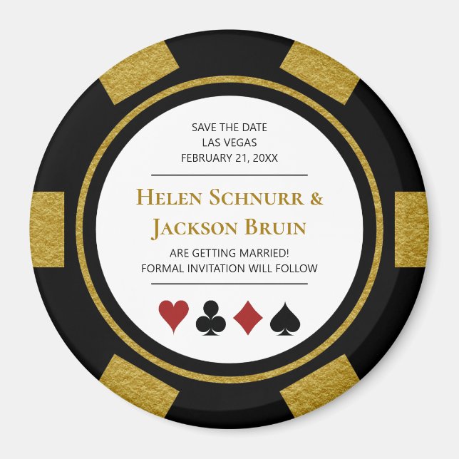 Guld Las Vegas Bröllop spara datum Poker Chip Magnet (Framsidan)