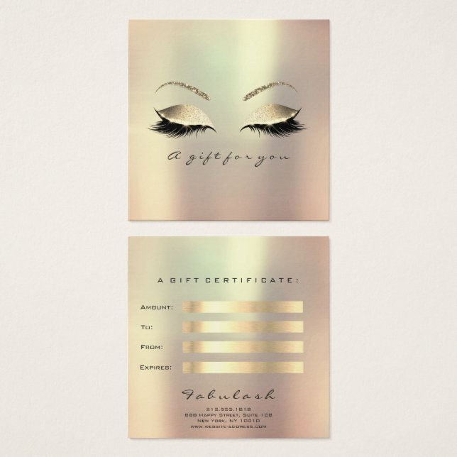Guld Lash Makeup Glam med gift-certifikat Fyrkantigt Visitkort (Framsida & baksida)