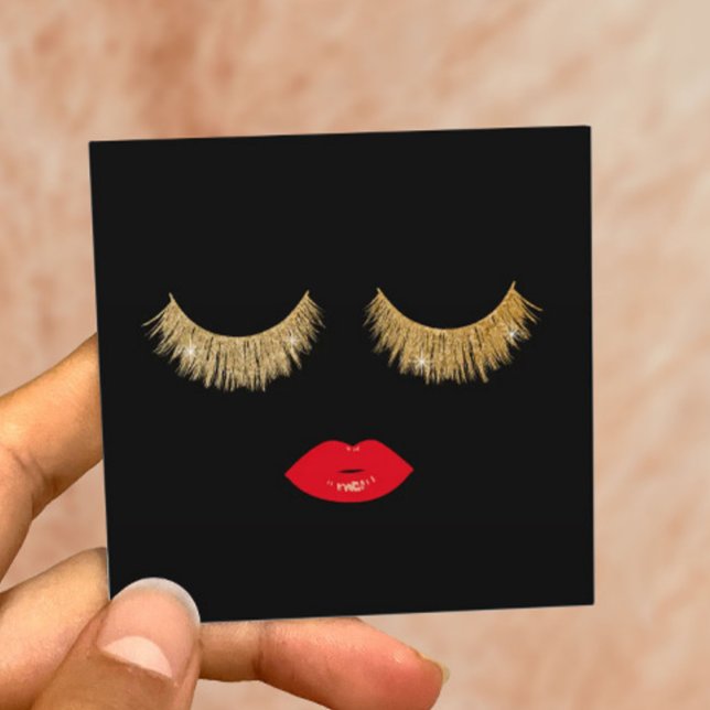 Guld Lash & Red Läppar Makeup Artist Beauty Salon Fyrkantigt Visitkort (Skapare uppladdad)