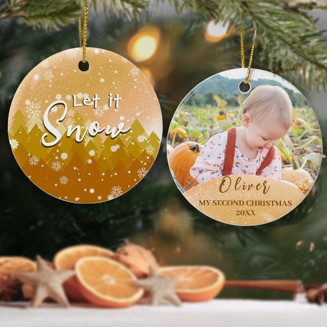 Guld Låt det snöa Baby andra julfotfoto Julgransprydnad Keramik (Skapare uppladdad)