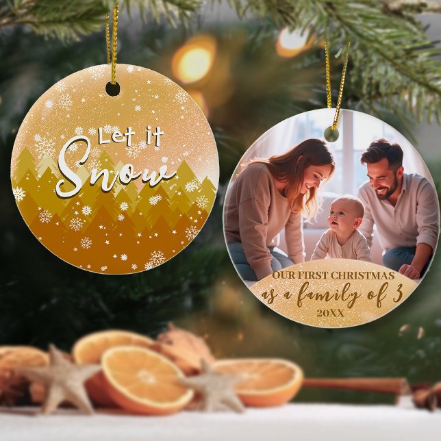 Guld Låt det snöa fotot 1:a julfamiljen 3 Julgransprydnad Keramik (Skapare uppladdad)