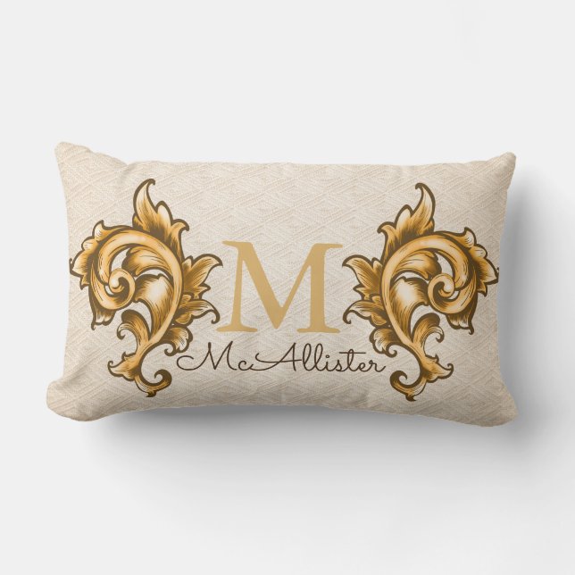 Guld Laurels Faux Woven Beige Print - Family Namn Lumbarkudde (Framsida)