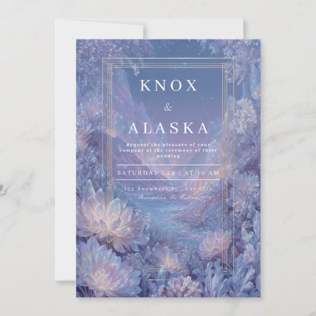 Guld Lavendel Blå Vinca Kristall Fantasi Bröllop Inbjudningar (Framsida)