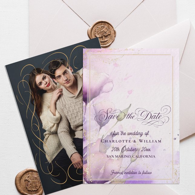 Guld Lavendel Blommig Foto Bröllop Spara Datum Inbjudningar (Gold Lavender Floral Photo Wedding Save the Date Invitation)