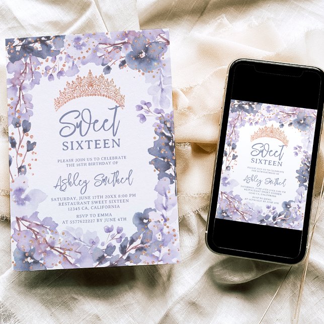 Guld lavender blommigt tiara princess Sweet 16 Inbjudningar (Skapare uppladdad)