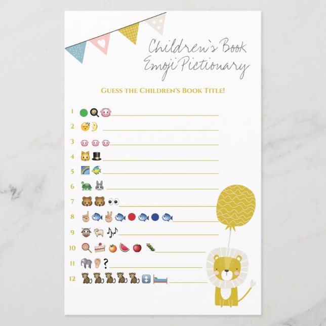 Guld Lejona Bok Emoji Pictionary Baby Shower Game (Framsida)
