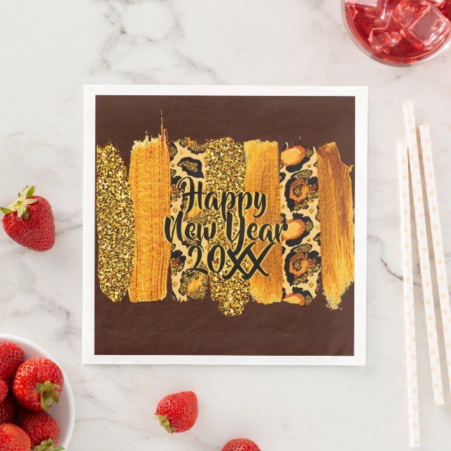 Guld & Leopard Brush Stroke Gott nytt år 20xx Pappersservett (Insitu)