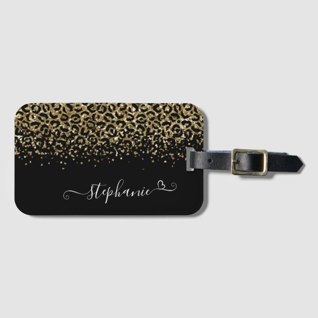 Guld Leopard Glitter Monogram Black Bagagebricka (Framsida horisontal)