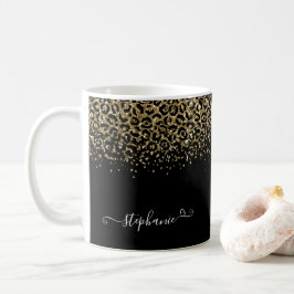 Guld Leopard Glitter Monogram Black Kaffemugg