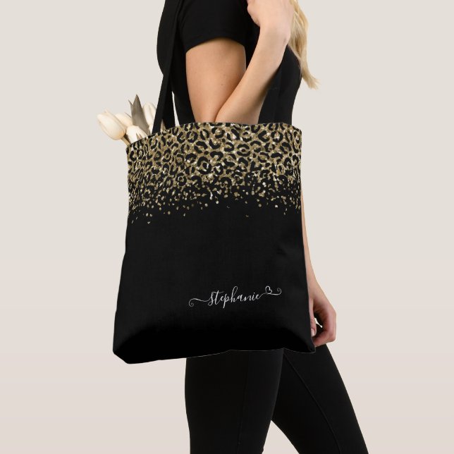 Guld Leopard Glitter Monogram Black Tygkasse (Närbild)