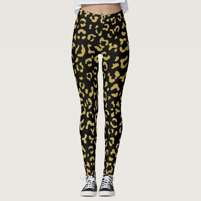 Guld Leopard, Guld Glitter, Leopard Mönster Leggings (Framsida)