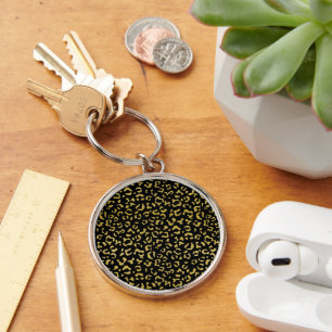 Guld Leopard, Guld Glitter, Leopard Mönster Rund Silverfärgad Nyckelring