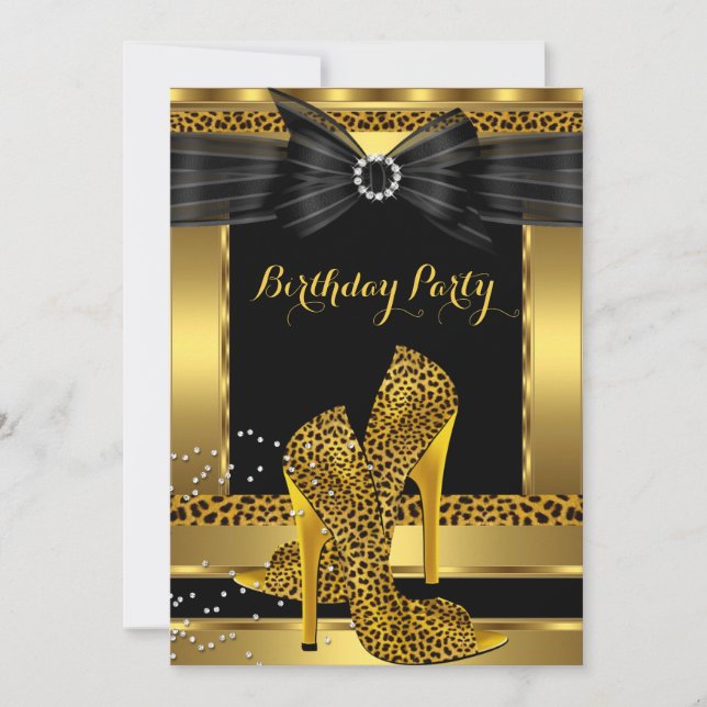 Guld Leopard High Heel Shoe Black Födelsedagsfest  Inbjudningar (Framsida)