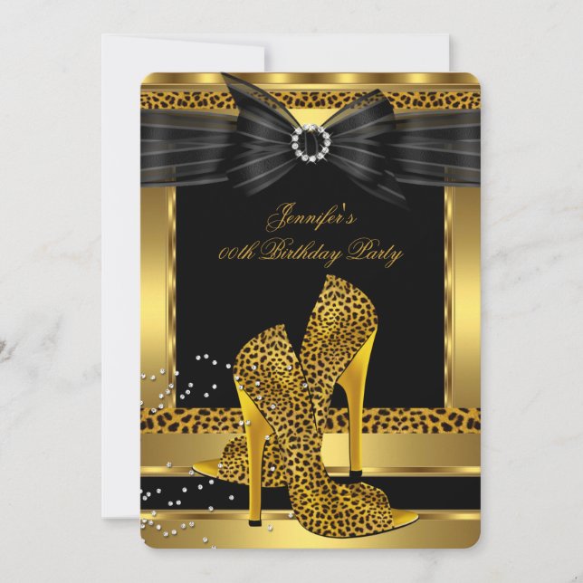 Guld Leopard Högt Klacksko Svart Födelsedagsfest 2 Inbjudningar (Framsida)