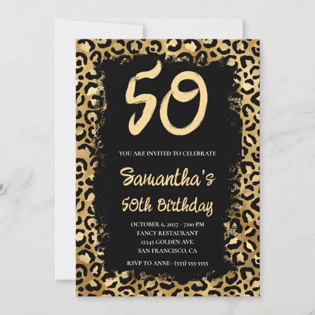 Guld Leopard Målad Svart 50-årsdag Inbjudningar (Framsida)