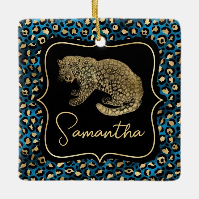 Guld Leopard och Blå Leopardtryck Julgransprydnad Keramik (Framsida)