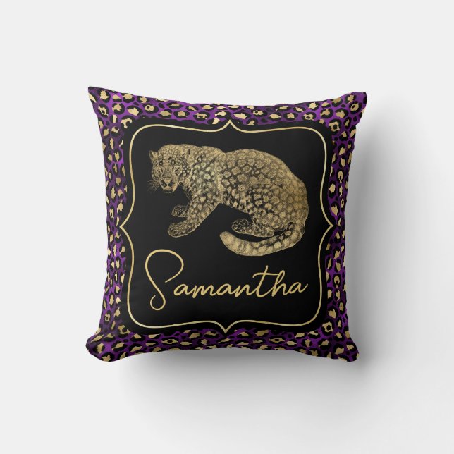 Guld Leopard och Lila Leopardtryck Kudde (Framsida)