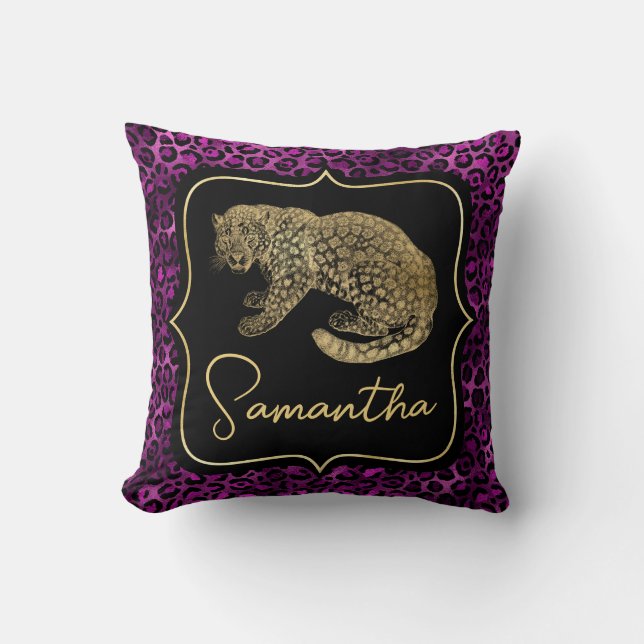 Guld Leopard och Lila Leopardtryck Kudde (Framsida)