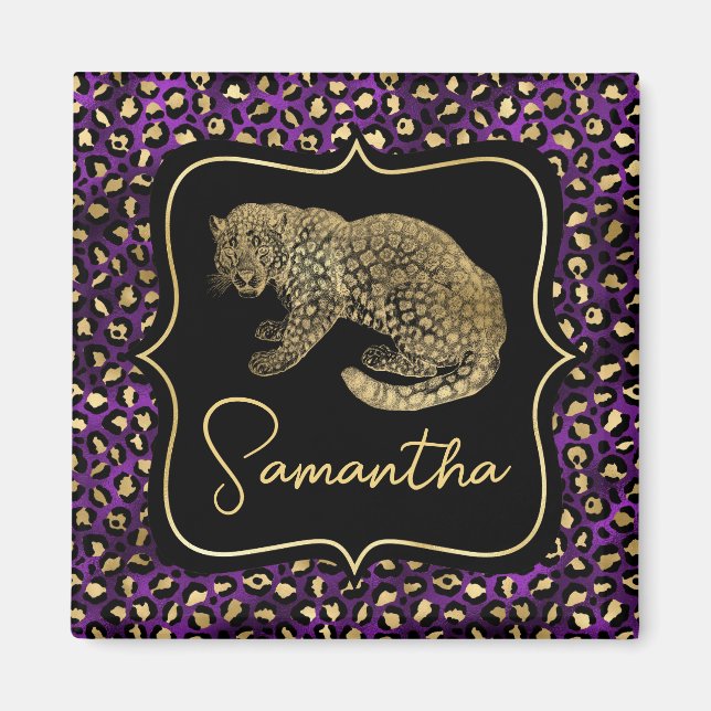 Guld Leopard och Lila Leopardtryck Magnet (Framsidan)