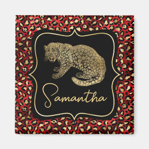 Guld Leopard och Röd Leopardtryck Magnet