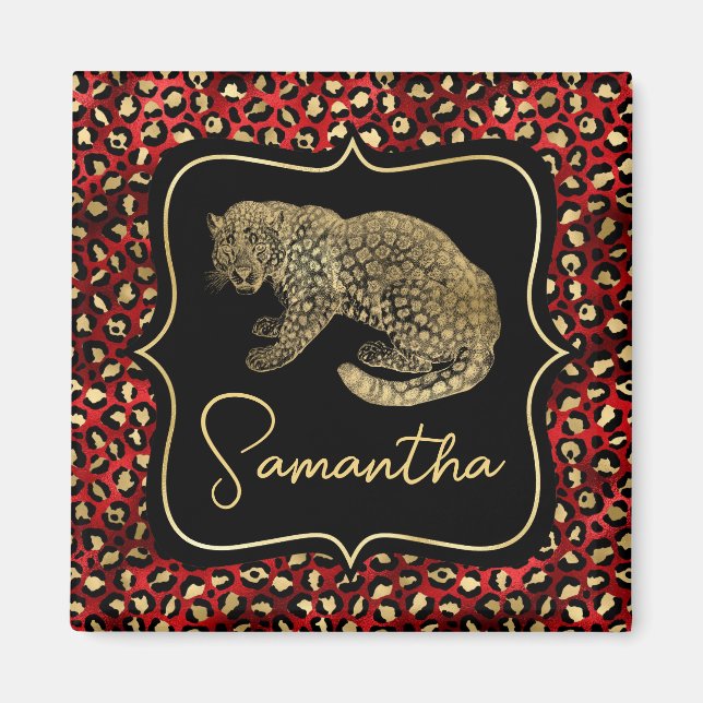 Guld Leopard och Röd Leopardtryck Magnet (Framsidan)