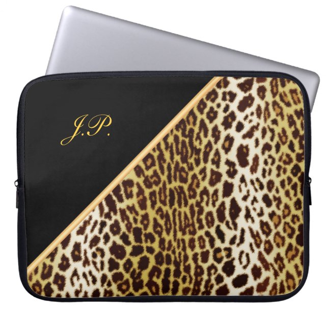 Guld Leopard Print, Black & Guld Laptop sleeve (Framsidan)