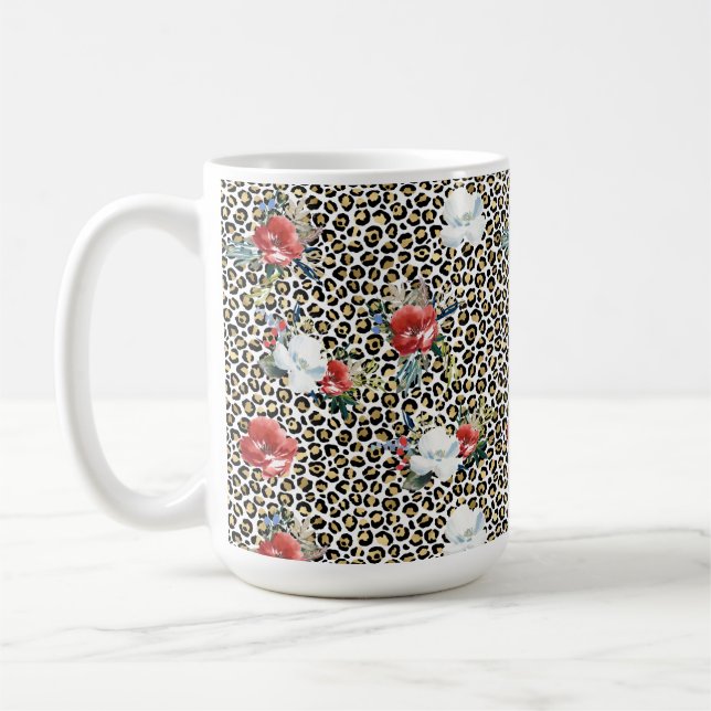 Guld Leopard Print Red White Blommigt Kaffemugg (Vänster)