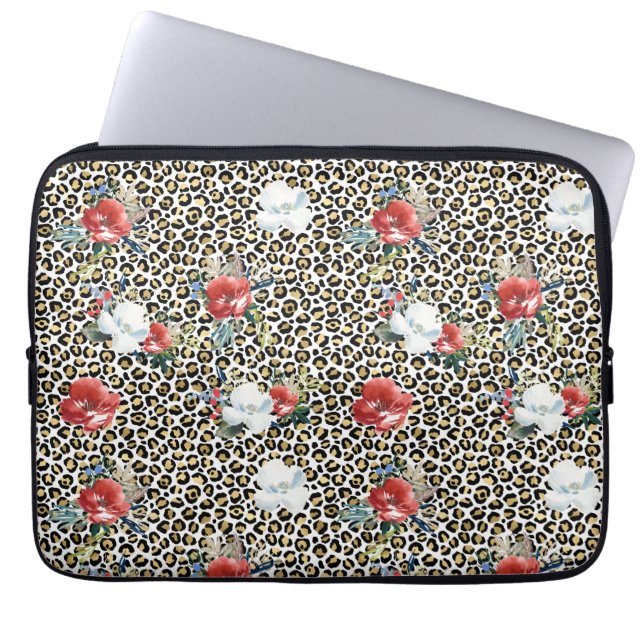 Guld Leopard Print Red White Blommigt Laptop Fodral (Framsidan)