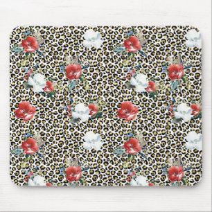 Guld Leopard Print Red White Blommigt Musmatta